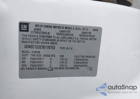 2007 Chevrolet Avalanche 1500 Lt from USA, damaged, VIN 3GNEC12J27G176702